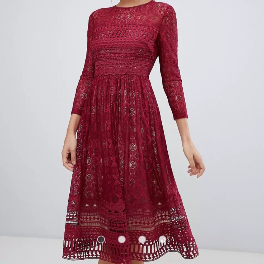 ASOS lace midi dress in raspberry color